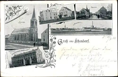 Ak Atzendorf Staßfurt im Salzlandkreis, Chausee, Buchbinderei Carl Kaiser, Kirche, Partie am Wasser