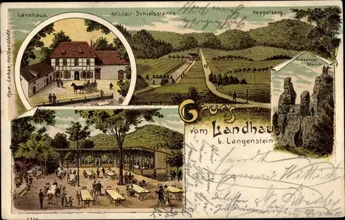 Litho Langenstein Halberstadt im Harz, Hoppelberg, Gläserner Mönch, Militär Schießstand, Landhaus