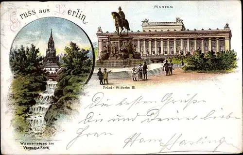 Litho Berlin Kreuzberg, Wasserfall im Victoria Park, Museum mit Friedrich Wilhelm III Denkmal