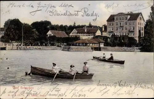 Ak Bad Schachen Lindau am Bodensee Schwaben, Panorama, Boote, Ruderer