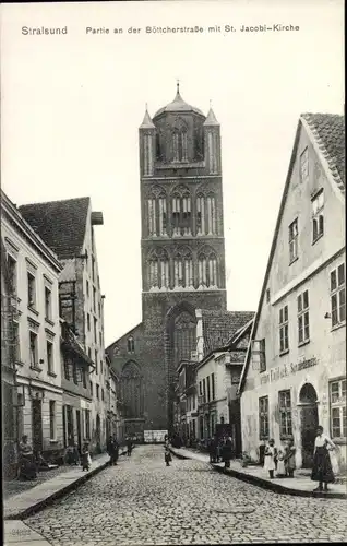Ak Stralsund in Vorpommern, Böttcherstraße, St. Jacobi-Kirche