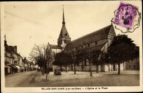 Ak Selles sur Cher Loir et Cher, L'Eglise et la Place