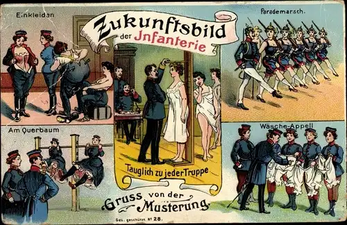 Ak Zukunftsbild der Infanterie, Gruß von der Musterung, Frauen beim Militär