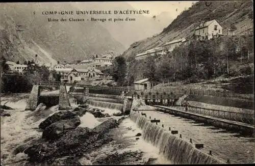 Ak Les Clavaux Allier, Compagnie universelle d'Acétylène, barrage et prise d'eau