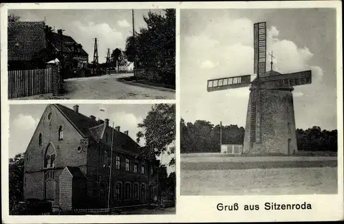 Ak Sitzenroda Belgern Schildau in Nordsachsen, Dorfpartie, Straßenansicht, Windmühle