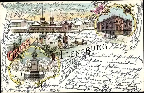 Litho Flensburg in Schleswig Holstein, Dampfschiffs Pavillon, Theater, Kaiserdenkmal