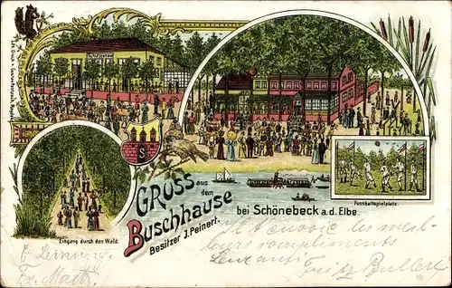 Wappen Litho Schönebeck an der Elbe, Buschhaus, Fußballspielplatz, Schützenhaus