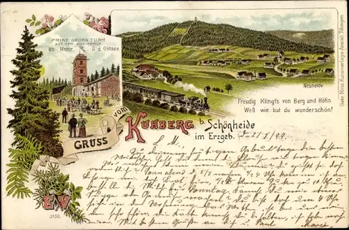 Litho Schönheide im Erzgebirge Sachsen, Prinz Georg Turm auf dem Kuhberge, Neuheide
