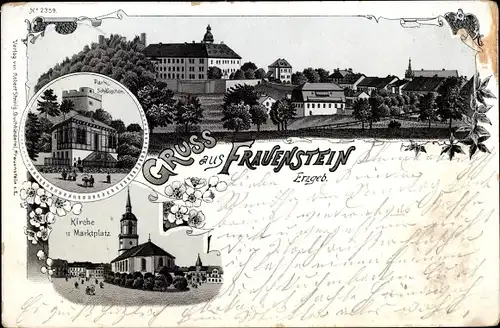 Litho Frauenstein im Erzgebirge, Parkschlösschen, Kirche, Marktplatz, Panorama