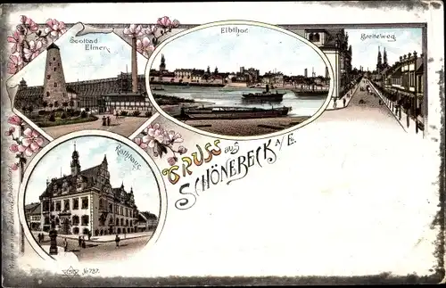 Litho Schönebeck an der Elbe, Soolbad, Rathaus, Elbtor, Breiteweg