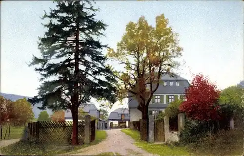 Ak Rehefeld Zaunhaus Altenberg im Erzgebirge, Eingang zum Heim Jägerhof, Nenke und Ostermaier