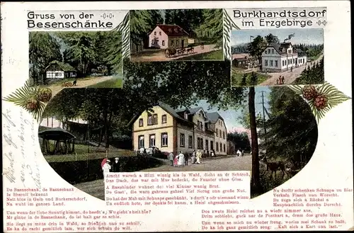 Gedicht Ak Burkhardtsdorf im Erzgebirge, Blick von außen auf die Besenschänke, Hausentwicklung