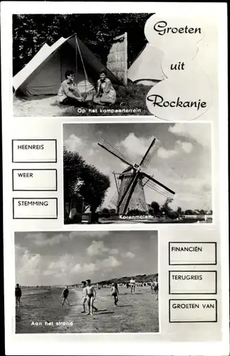 Ak Rockanje Südholland Niederlande, Op het kampeerterrein, Aan het strand, Korenmolen, Windmühle