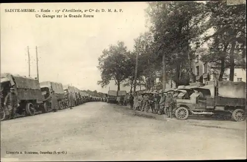 Ak Sainte Mesme Yvelines, Ecole, 13e d'Artillerie, 2e Cie du DMAP, Un Garage sur la Grande Route