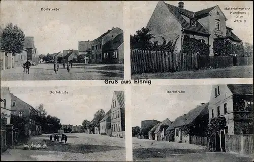 Ak Elsnig Sachsen, Dorfkirche, Dorfstraße, Materialwarenhandlung