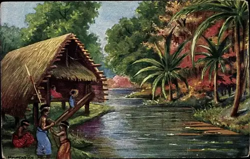 Künstler Ak Baumgarten, F., Neumecklenburg Papua Neuguinea, Stelzenhaus, Eingeborene, Palmen