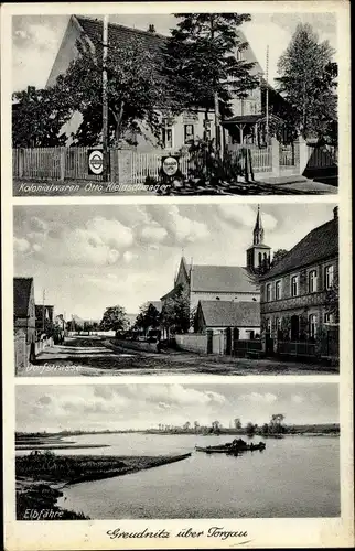 Ak Greudnitz Dommitzsch Elbe Nordsachsen Sachsen, Dorfstraße, Elbfähre, Kolonialwarenhandlung