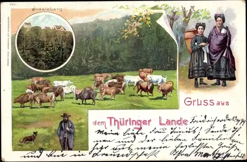 Litho Brotterode Trusetal in Thüringen, Inselsberg, Kuhweide, Trachten