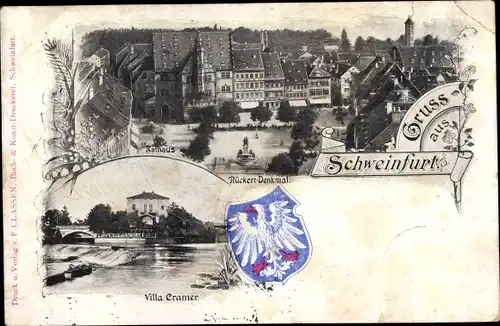 Wappen Ak Schweinfurt in Unterfranken Bayern, Rückert Denkmal, Villa Cramer, Rathaus