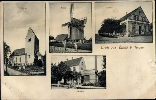 Ak Zinna Torgau in Nordsachsen, Gasthof, Mühle, Bäckerei, Kirche