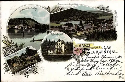 Litho Georgenthal in Thüringen, Panorama, Teich, Mühle, Klosterruine