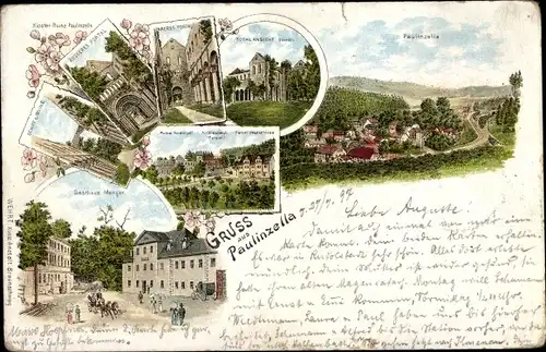 Litho Paulinzella Königsee Rottenbach in Thüringen, Klosterruine, Gasthaus, Ort