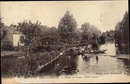 Ak Ballancourt Essonne, Peche et Chasse, Hotel Jeusset, Ruderboot, Fischfang