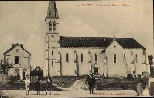 Ak Égleny Yonne, Le Bureau de Poste et l'Eglise