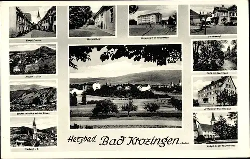 Ak Bad Krozingen in Baden Württemberg, Sanatorium, Thermalbad, am Bahnhof, Kirche, Teilansicht