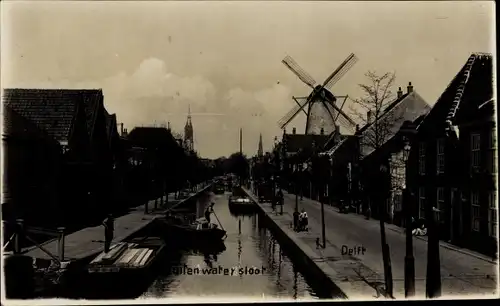 Ak Delft Südholland Niederlande, Kanalpartie, Häuser, Windmühle