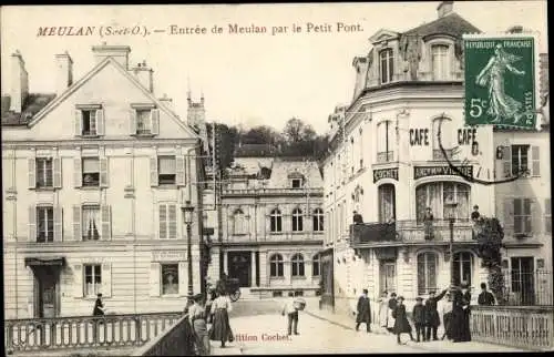 Ak Meulan en Yvelines, Entrée de Meulan par le Petit Pont, Café