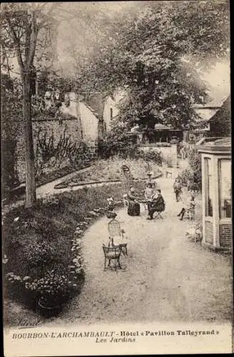 Ak Bourbon l'Archambault Allier, Hôtel Pavillon Talleyrand, les Jardins, vue d'oiseau