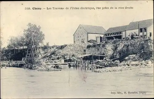 Ak Cheny Yonne, Les Travaux de l'Usine electrique, vue prise de la rive droite