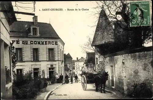 Ak Saint Georges Loir et Cher, Route de la Chaise, Café du Commerce, Kutsche