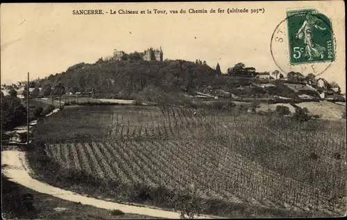 Ak Sancerre Cher, Le Chateau et la Tour, vus du Chemin de fer