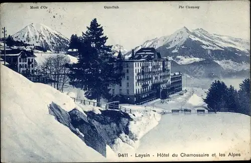 Ak Leysin Kanton Waadt, Hotel du Chamossaire et les Alpes, Mont d'Or, Gumfluh, Pic Chaussy