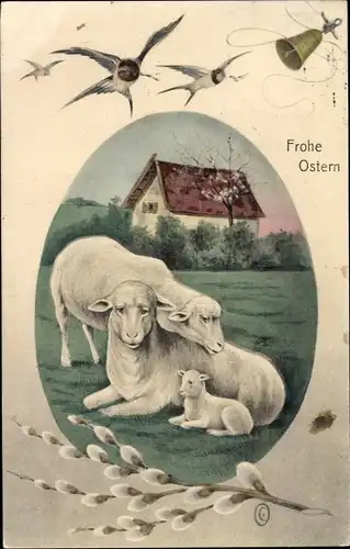 Ak Glückwunsch Ostern, Schafe, Lamm, Glocke, Weidenkätzchen, Schwalben