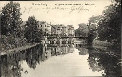 Ak Braunschweig in Niedersachsen, Okerpartie zwischen Rosenthal und Wehrbrücke