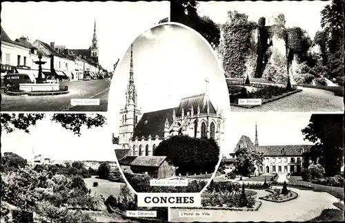 Ak Conches en Ouche Eure, Place Carnot, Le Donjon, L'Hotel de Ville, Vue generale