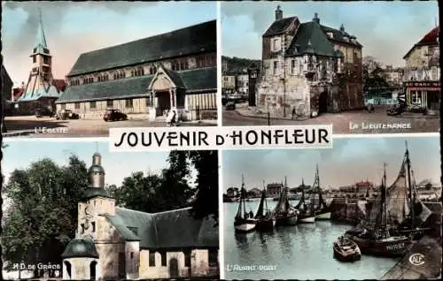 Ak Honfleur Calvados, L'Eglise, La Lieutenance, L'Avant Port, Eglise de Grace