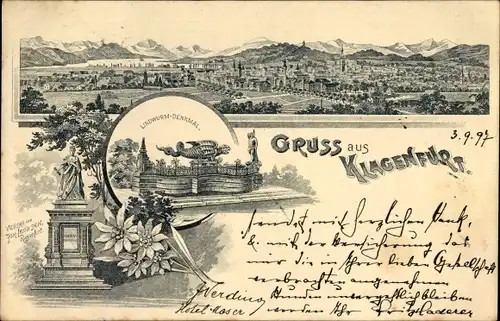 Litho Klagenfurt am Wörthersee in Kärnten, Lindwurm Denkmal, Maria Theresia Denkmal, Panorama 