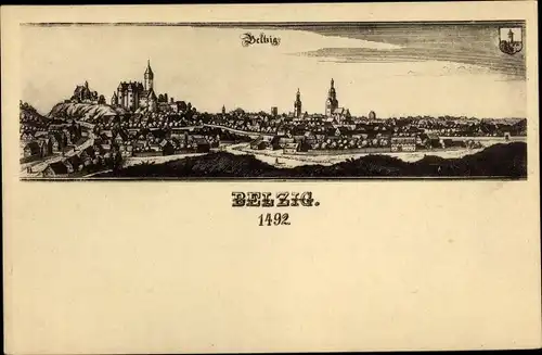 Ak Bad Belzig in Brandenburg, historiche Stadtansicht von 1492, Wappen