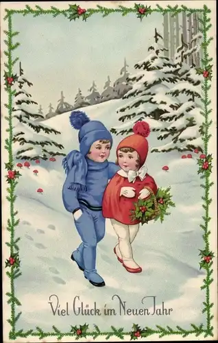 Ak Glückwunsch Neujahr, Junge, Mädchen, Stechpalmenzweige, Winterlandschaft
