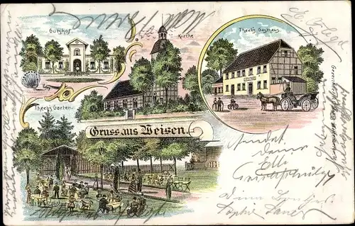 Litho Weisen Prignitz, Theek`s Gasthaus, Gutshof, Kirche