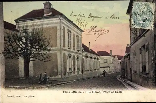 Ak Flins sur Seine Yvelines, Rue Heron, Poste, Ecole