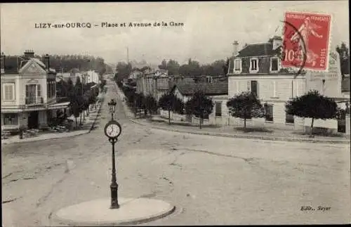 Ak Lizy sur Ourcq Seine et Marne, Place et Avenue de la Gare