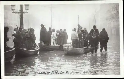 Ak Clichy Hauts de Seine, Inondation 1910, Le Boulevard National, Ruderboot