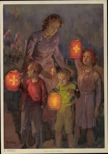Künstler Ak Hodel, E., Bundesfeier 1947, Mutter, Kinder, Laternen