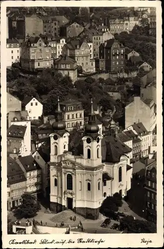 Ak Karlovy Vary Karlsbad Stadt, Kath. Kirche, Vogelschau