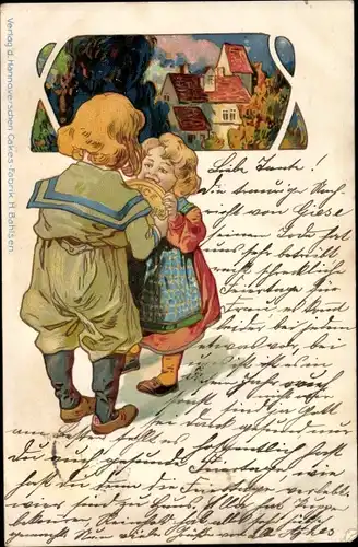 Litho Junge und Mädchen mit großer Münze, Ortschaft